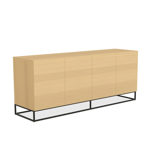 A long wooden cabinet with four doors and a black metal rectangular base.